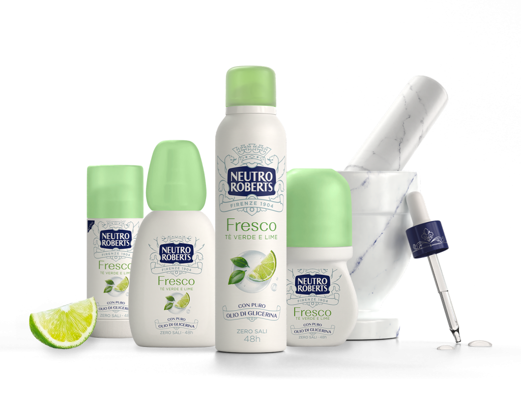 Prodotti deodoranti Neutro Roberts Fresco al tè verde e lime con mortaio e lime.