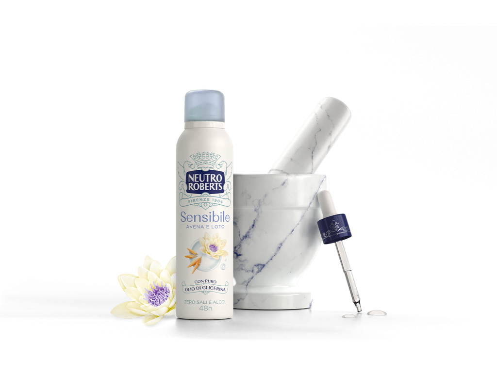 Deodorante Neutro Roberts Sensibile con mortaio di marmo e fiore di loto.