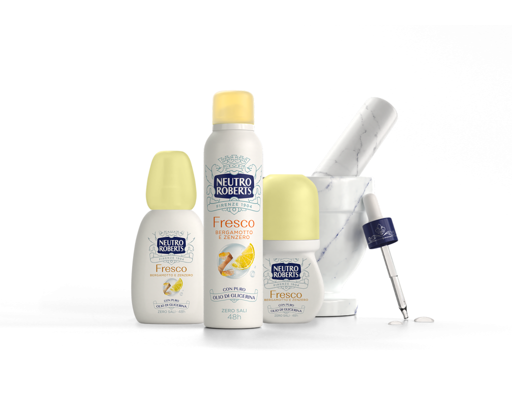 Prodotti Neutro Roberts Fresco con bergamotto e zenzero, deodoranti spray e roll-on.
