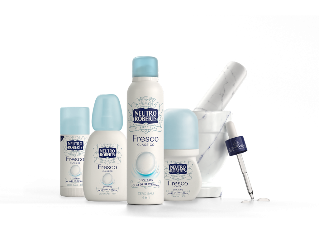 Gamma di deodoranti Neutro Roberts Fresco Classico con mortaio in marmo.