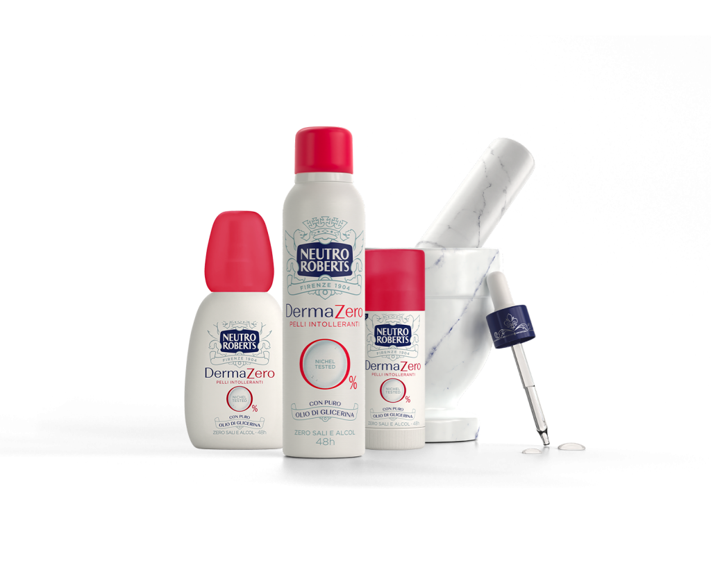 Prodotti Neutro Roberts DermaZero con deodoranti e mortaio in marmo.