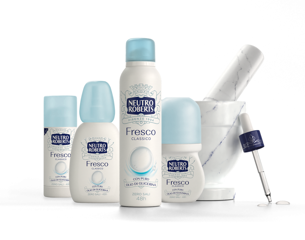 Prodotti Neutro Roberts Fresco Classico con deodorante spray, roll-on, stick e accessori.